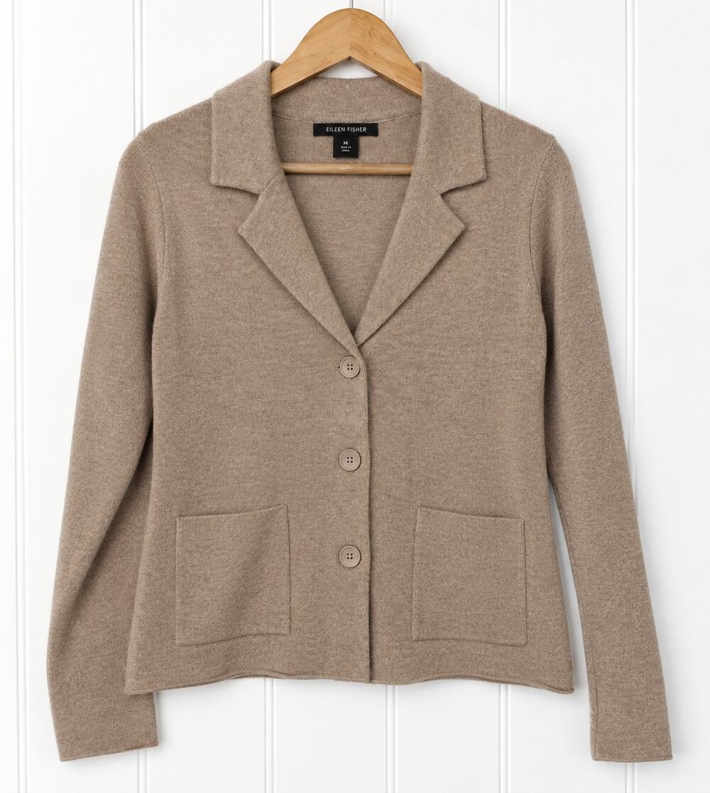 Tahari Knit Blazer Women S Taupe Notch Lapel Button Front Cardigan Jacket